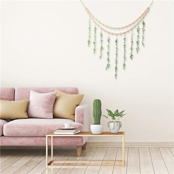 Hanging Eucalyptus Boho Wall Decor Large Boho Bedroom Wall Hanging Wooden Bead - Picture 4 of 7